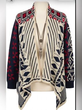 Wanna B Open-Front Tribal Print Cardigan Sweater - Cream, Navy & Red
